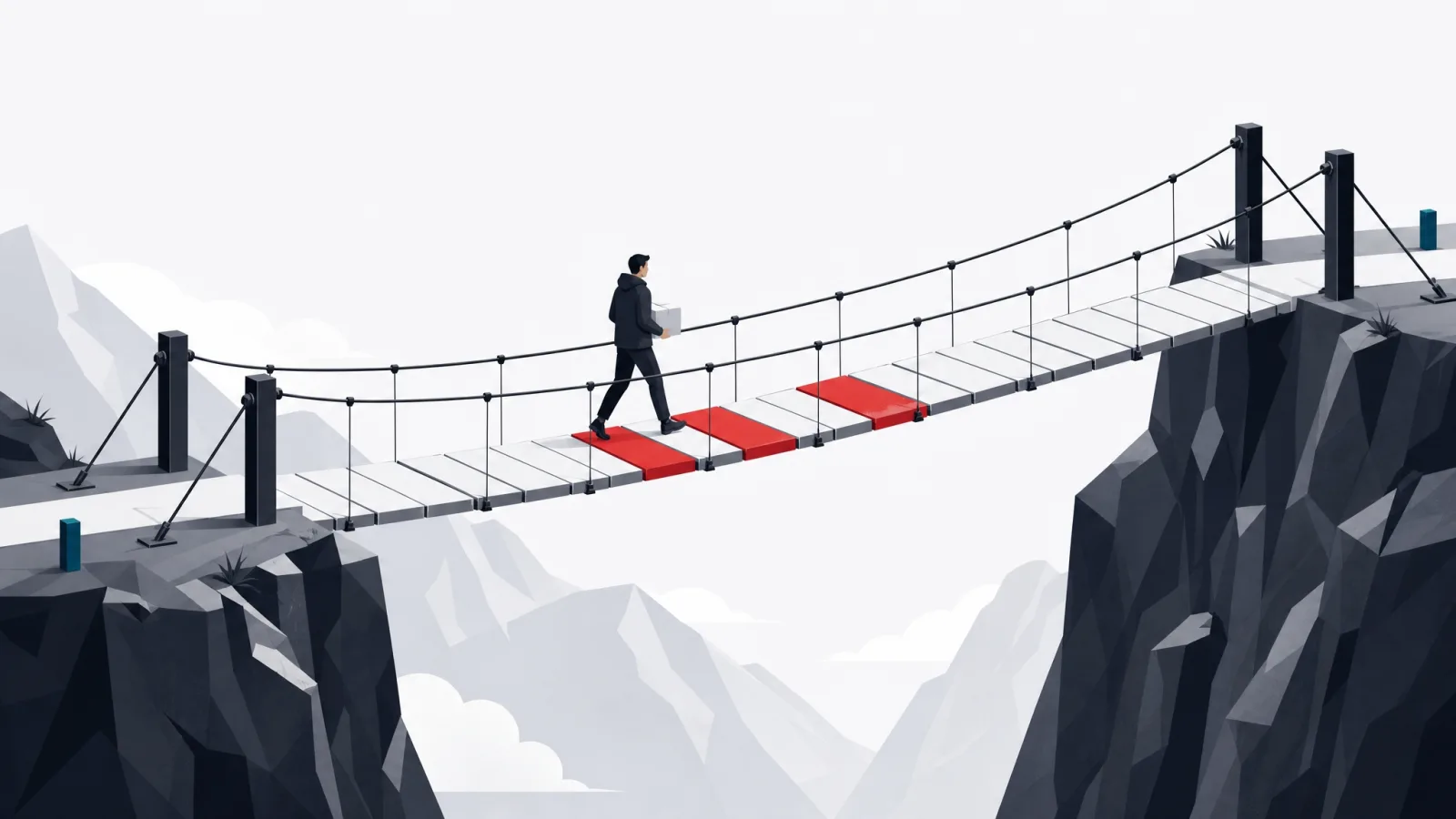 A figure carrying a parcel across a carefully engineered footbridge with glowing red planks