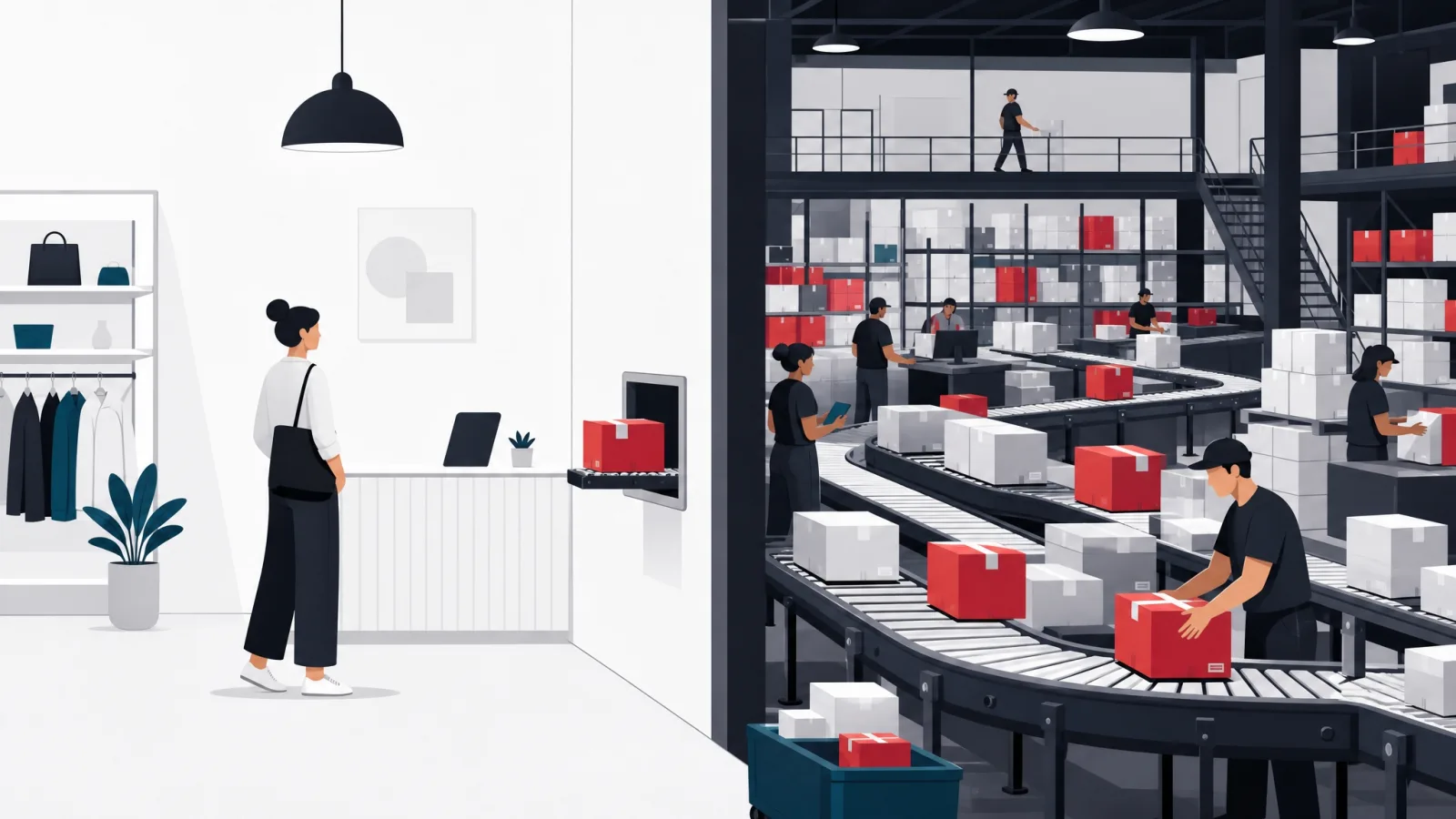 A small serene storefront beside a larger busy warehouse, a red parcel passing between them