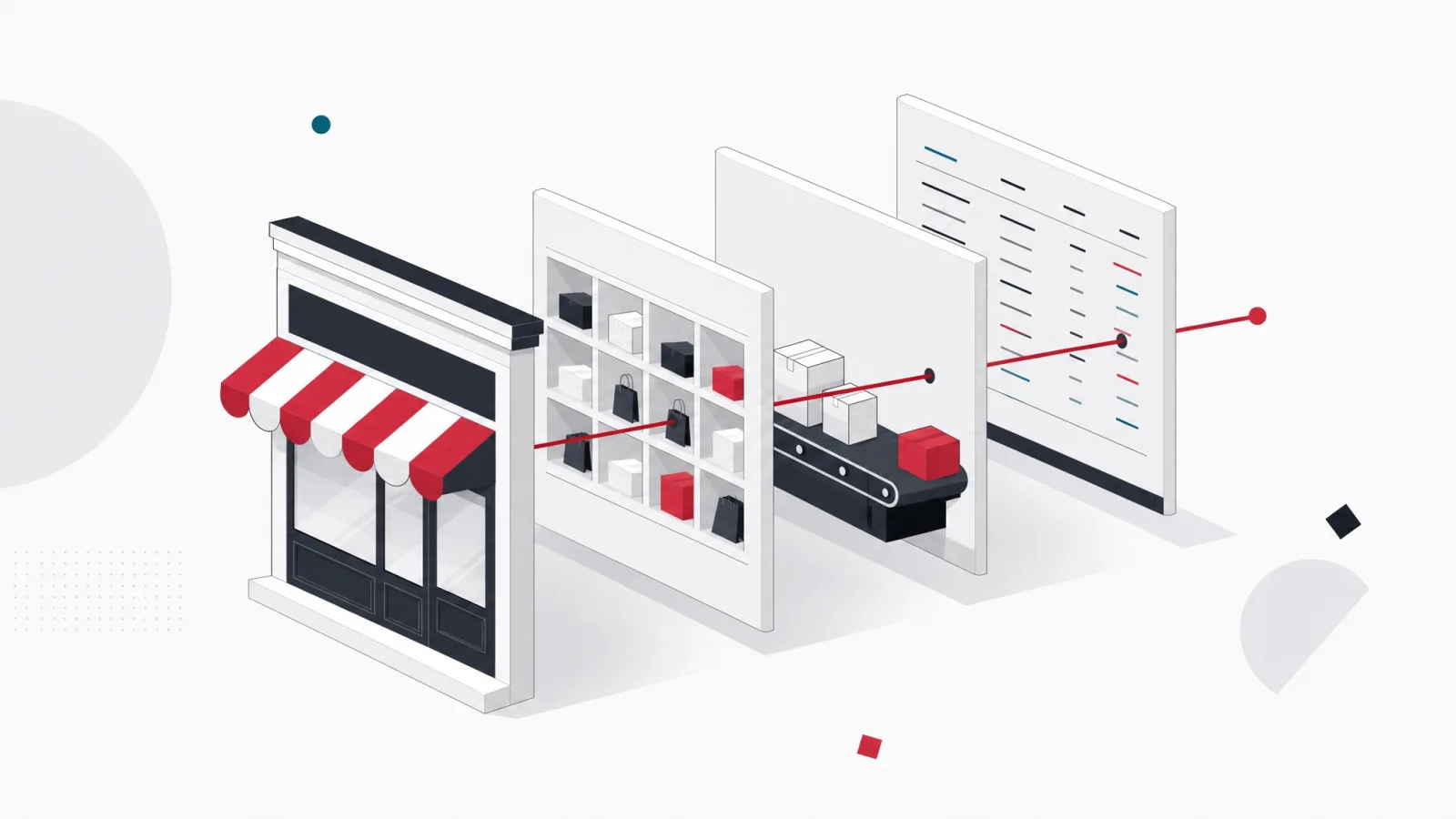 A storefront exploded into aligned layers of shelving, logistics and ledger on one red axis