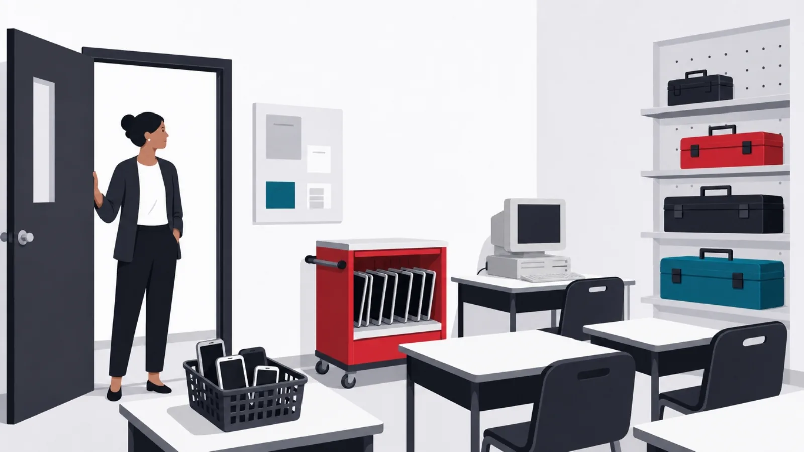 A figure in a classroom doorway surveying real desks of shared tablets and old machines before turning to a rack of toolkit choices