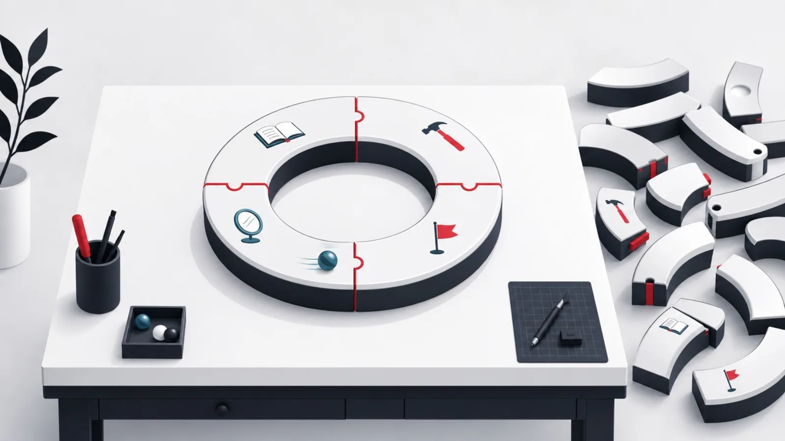 A complete four-segment ring a marble can circle endlessly, beside a tidy pile of impressive unconnected segments