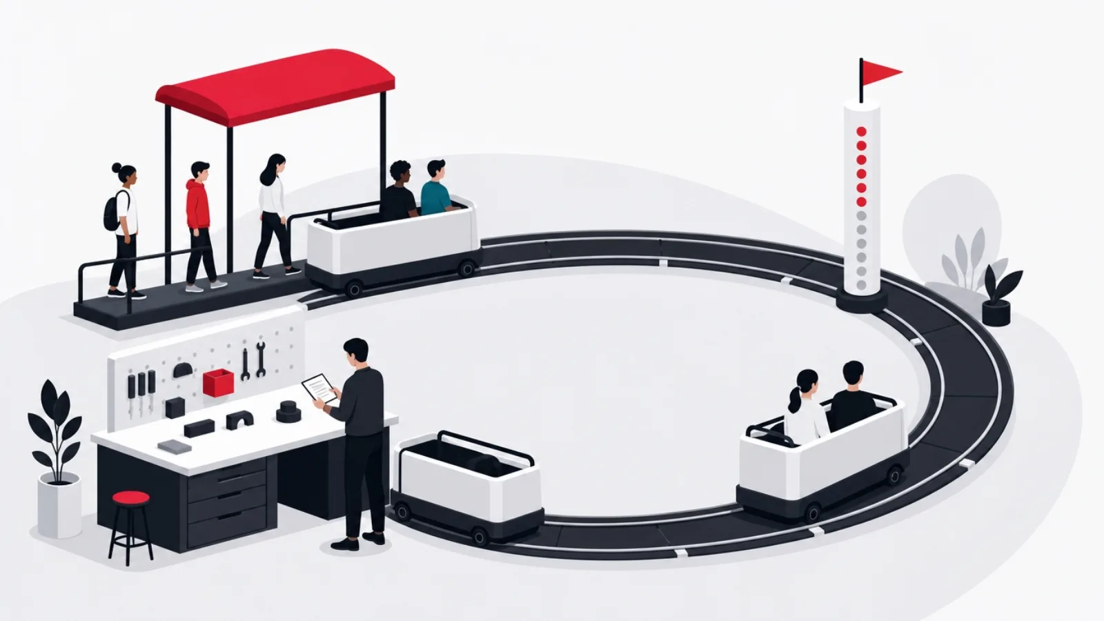 A build cart looping a circular track, boarding real learners at a fixed station each lap while a builder notes adjustments