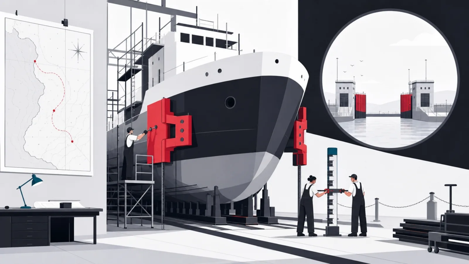 A vessel on a slipway being fitted with docking clamps matched to a distant harbor while still under construction