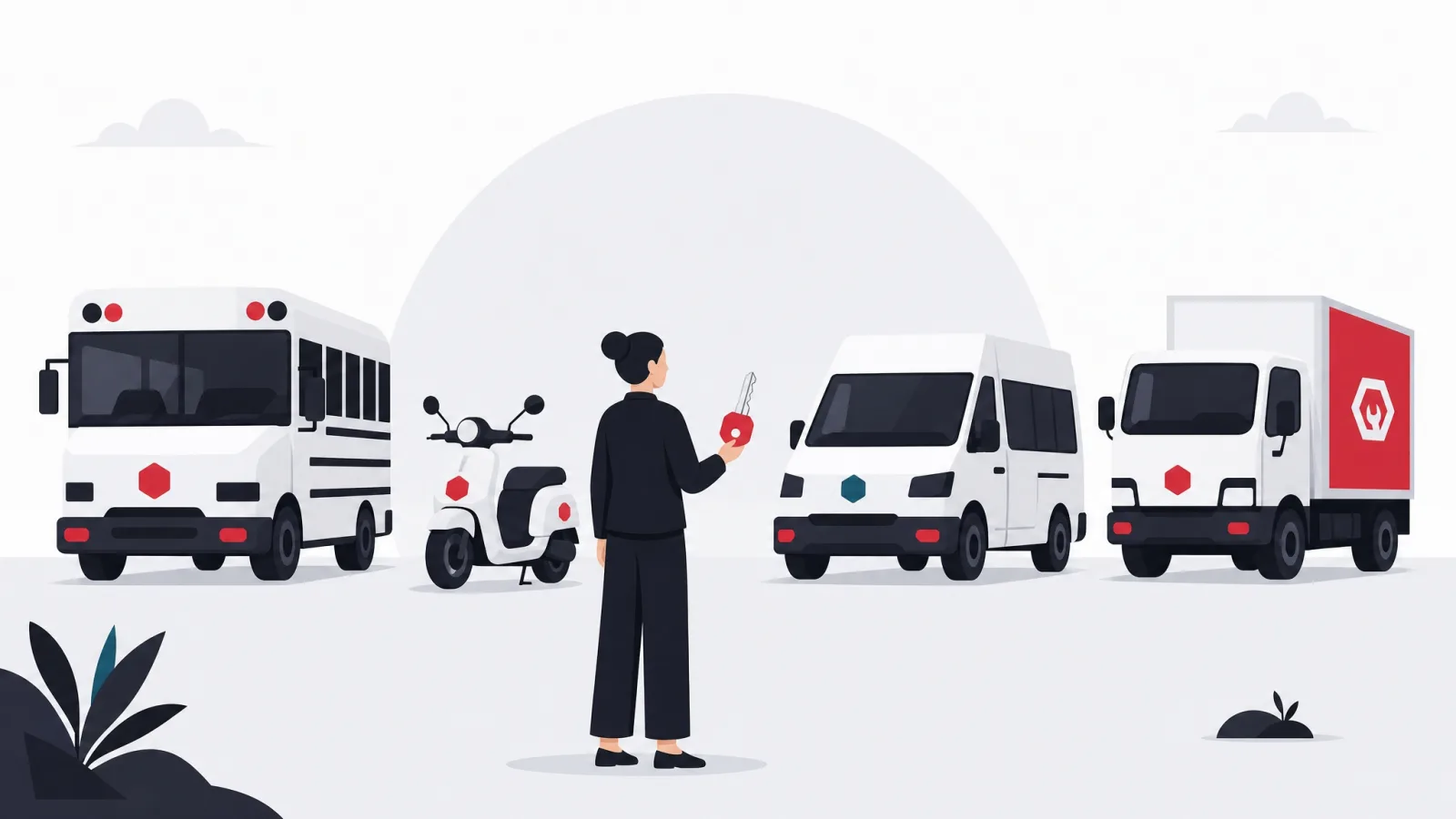 Four different vehicles built from the same parts, a figure holding one key that fits only one