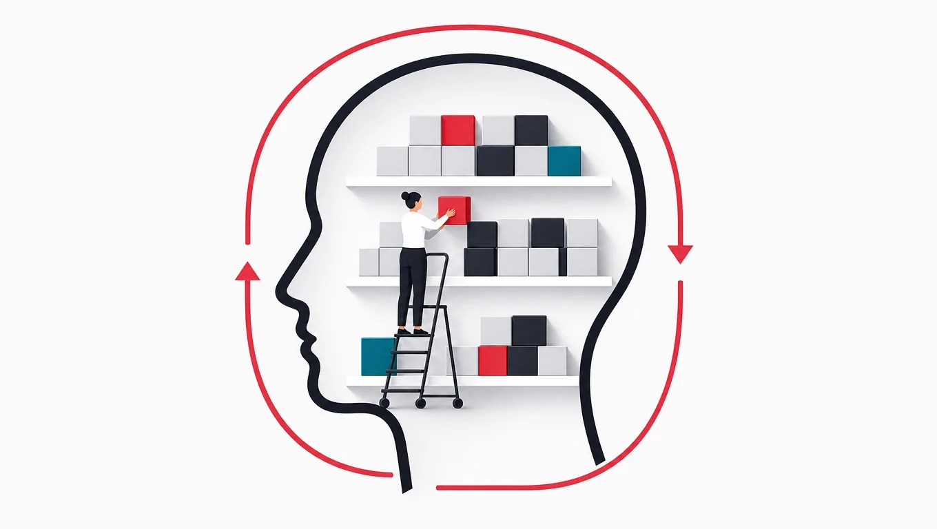 A head in profile where a librarian shelves knowledge blocks connected to a worn practice loop