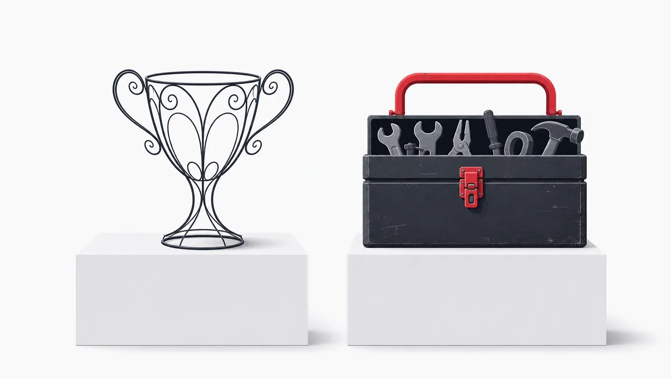 A spotlit hollow trophy beside a plain well-used toolbox with a red handle