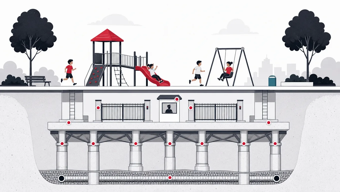 A simple playground standing on a deep engineered foundation with gates and a guardian checkpoint