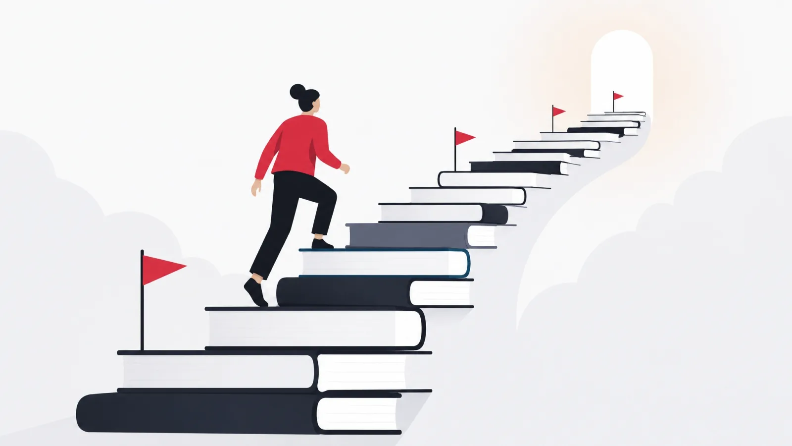 A figure climbing a curving staircase of books marked with red milestone flags toward an arch