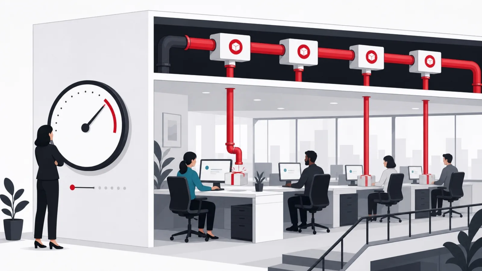 An office cutaway with pipes delivering course parcels to desks, a wall compliance meter, and one red express pipe