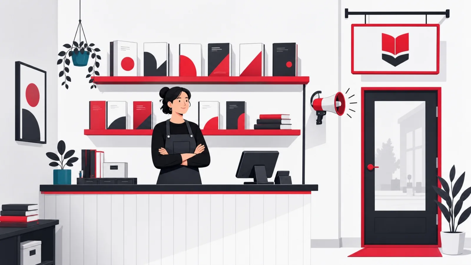 A creator behind the counter of their own red-trimmed shop selling self-authored course volumes, workbench visible behind