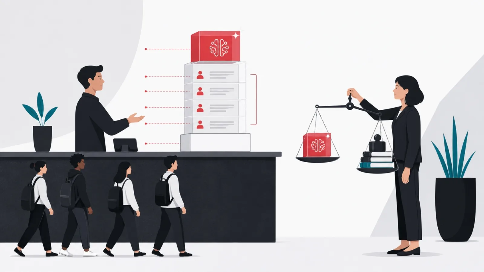 A transparent block bill growing with per-seat blocks as learners file past, a buyer weighing a shiny AI block on a hand scale