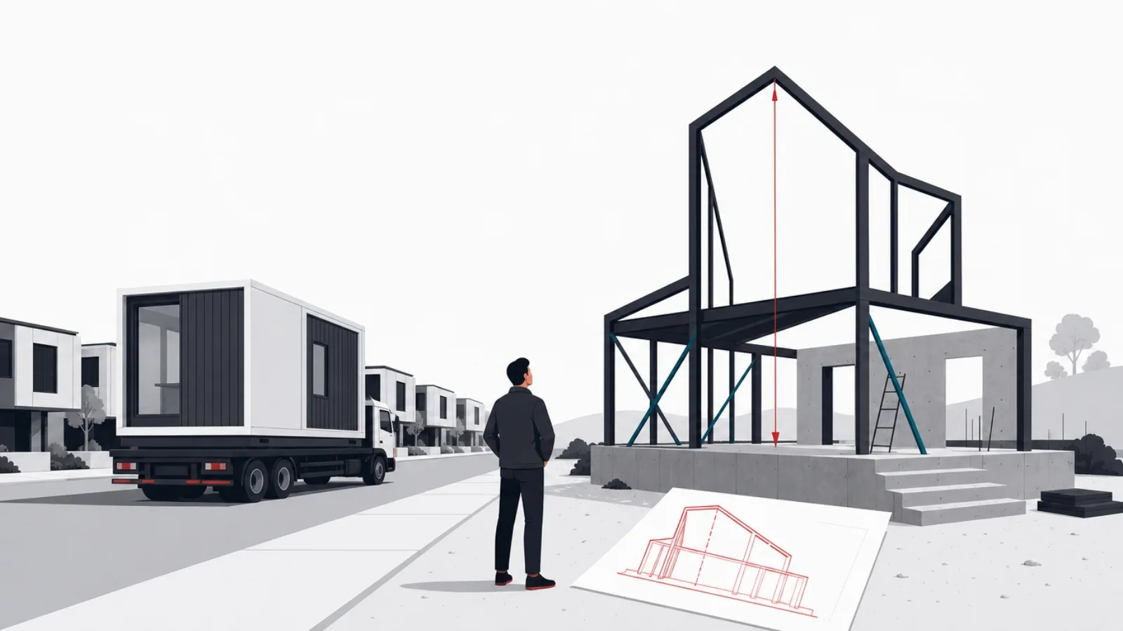 A figure between a truck-delivered modular building identical to its neighbors and a custom frame rising from a blueprint with a red plumb line