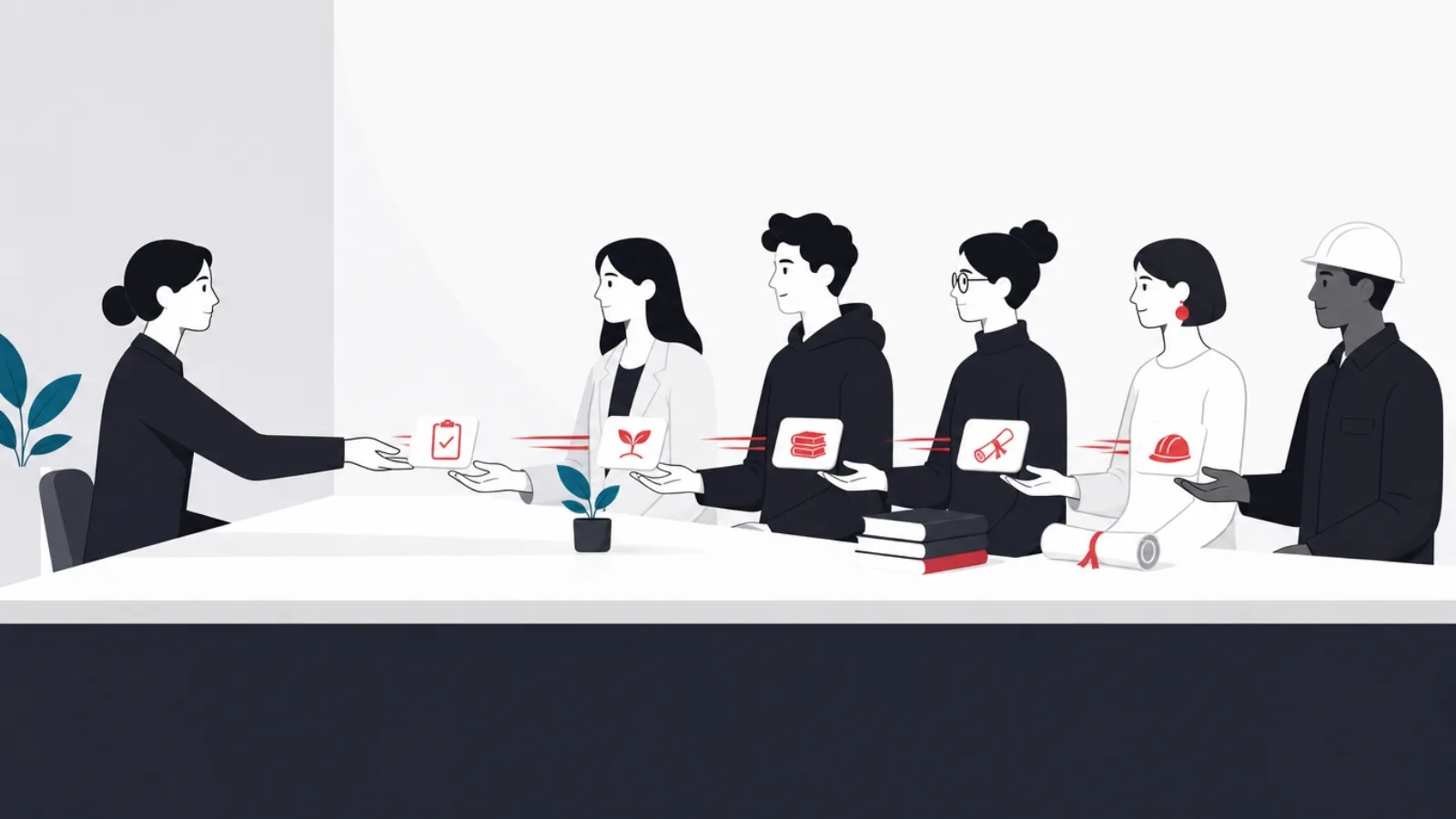 An advisor sliding one symbol-matched card to each of five waiting figures, the cards leaving red motion trails