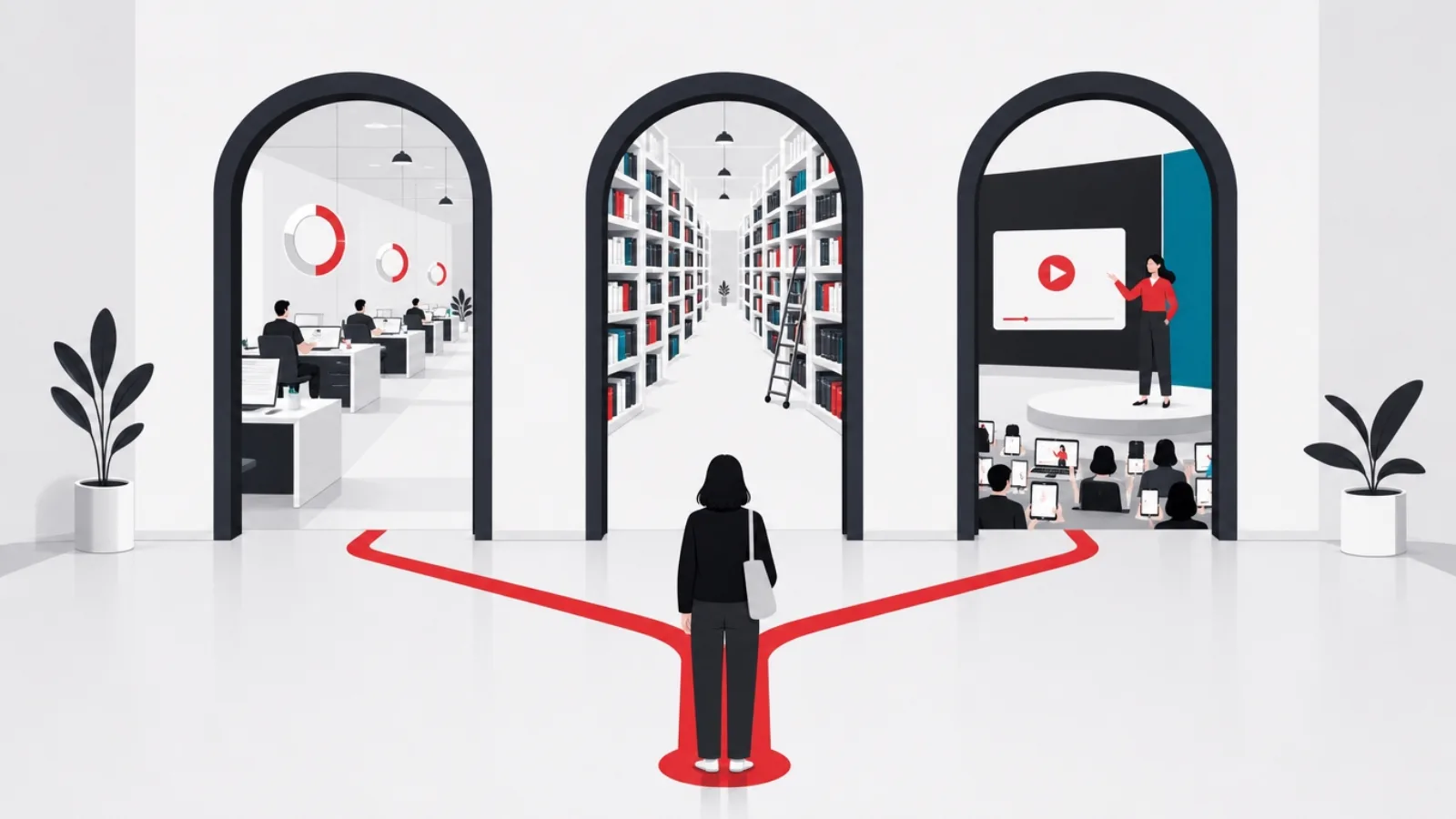 Three doorways opening onto an office training room, a course library and a creator stage, a red floor line branching to all three