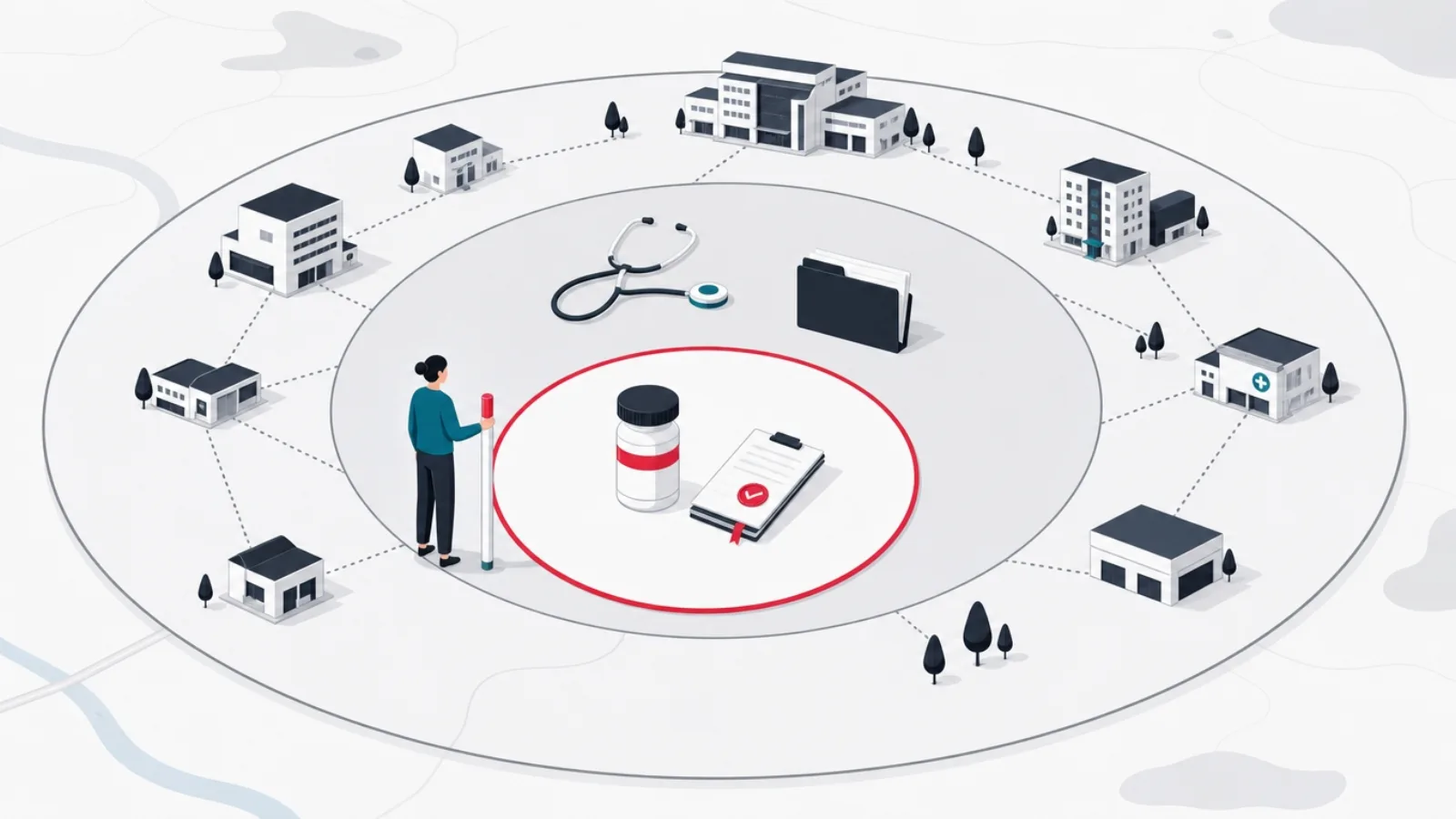 Three nested map territories with the smallest, containing a pill bottle and checklist, outlined in crimson