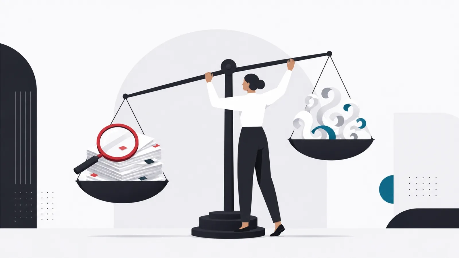 A balance scale weighing caught paper errors under a magnifier against a cloud of abstract curled ribbons