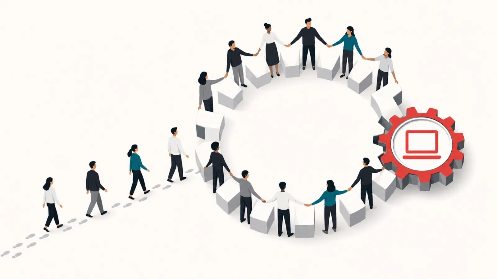 A large gear formed by joined staff figures driving a much smaller gear containing a screen