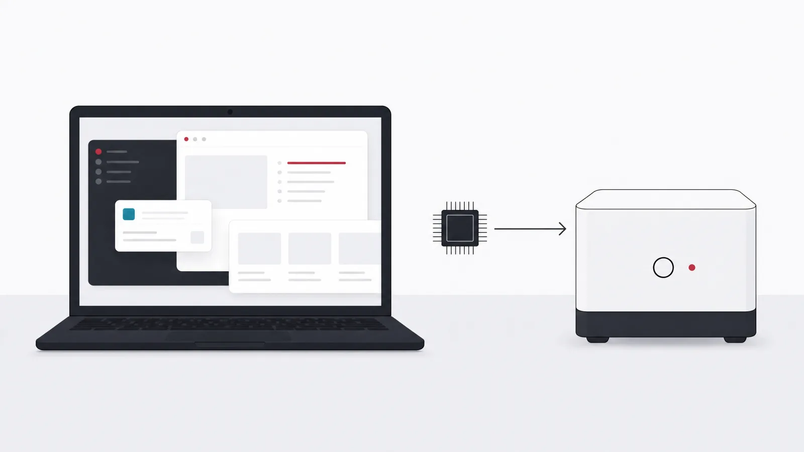 A laptop with many overlapping windows beside a sealed appliance box with one button and one light and a chip arrow pointing into it