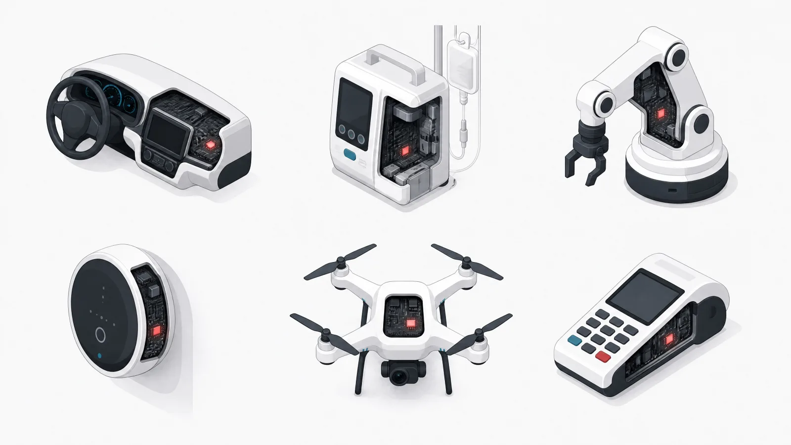 Six product silhouettes in a grid, a car dashboard, an infusion pump, a robot arm, a thermostat, a drone and a payment terminal, each with a small glowing chip inside