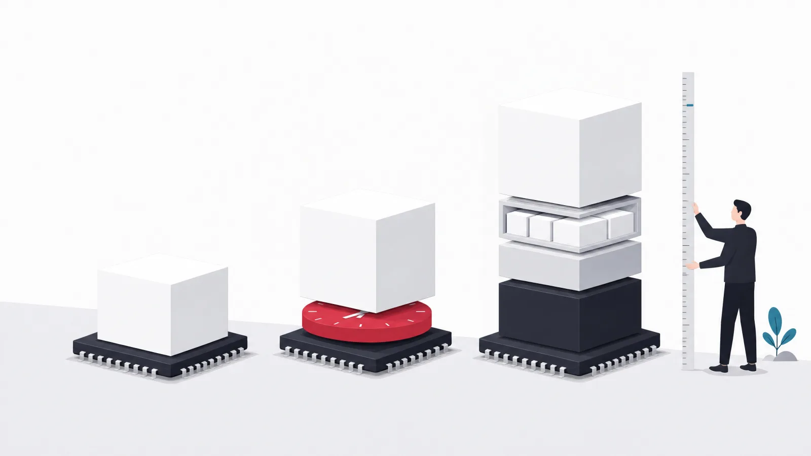 Three block towers of increasing height on chips, the second with a clock-like scheduler disc and the third with a wide kernel slab and library boxes