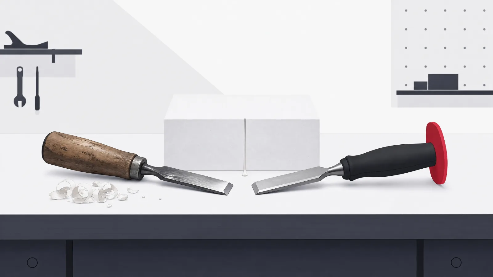 A worn classic chisel beside a newer chisel with a finger guard, both pointing at the same block of material