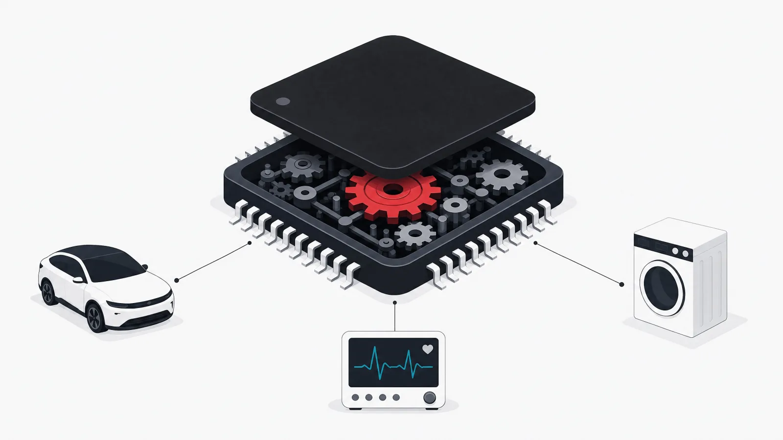 A large chip with its top lifted to reveal a small gear mechanism, connected by hairlines to silhouettes of a car, a washing machine and a medical monitor
