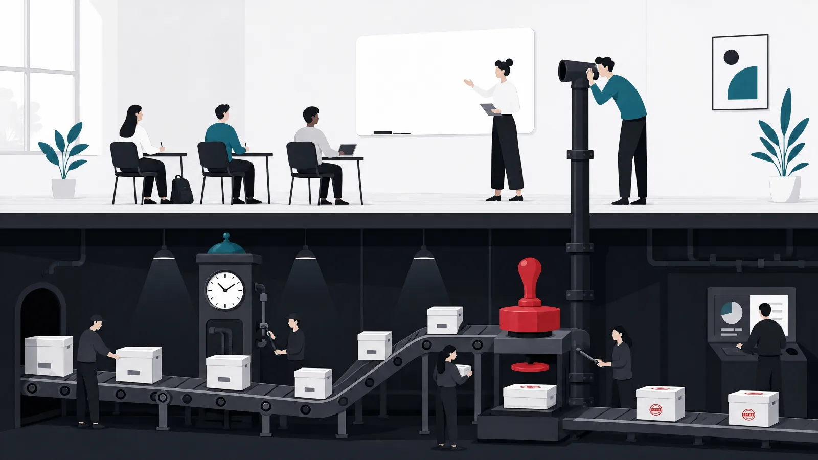 A cutaway showing a classroom floor above an engine room with assignment conveyor, deadline clock, completion stamper and reporting periscope