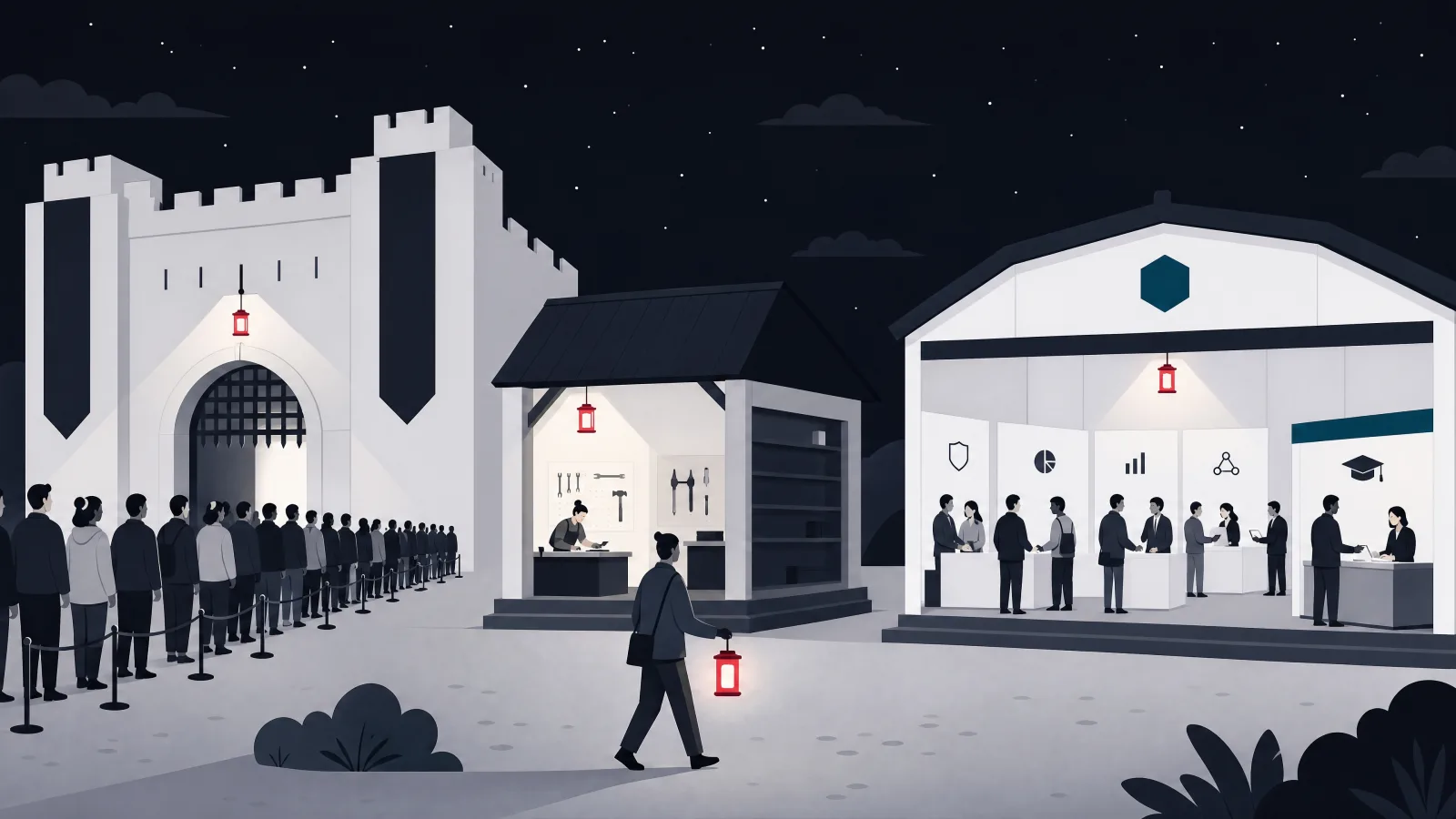 Three vendor booths, a fortress with a long queue, a workshop with thin vaults and a suite pavilion with a small training corner, each with a lantern-lit gap