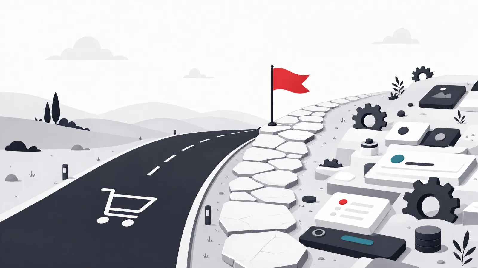 A paved buy road ending at a flag where product-shaped terrain begins and a hand-laid custom path continues
