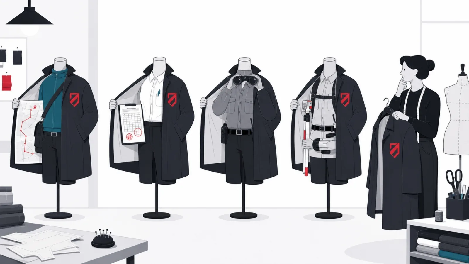 Four different mannequins sharing one oversized labeled coat, each revealing a different figure underneath, courier, clerk, guard and surveyor