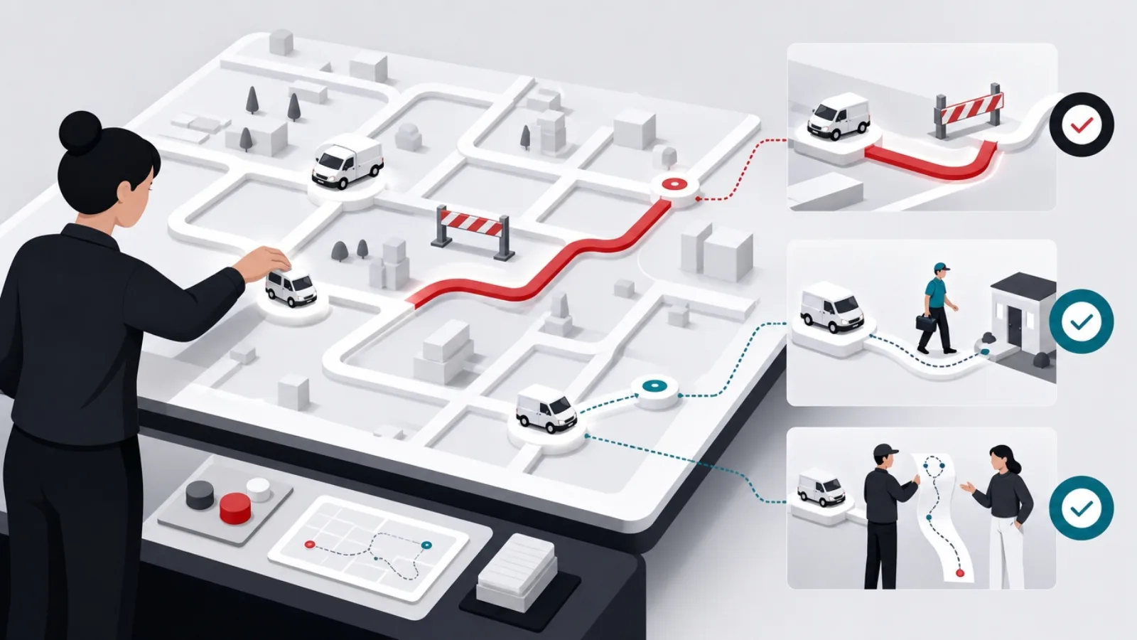 A raised-road city model where a dispatcher reroutes van tokens, sends help to a heavy job and settles a dispute with a route ribbon