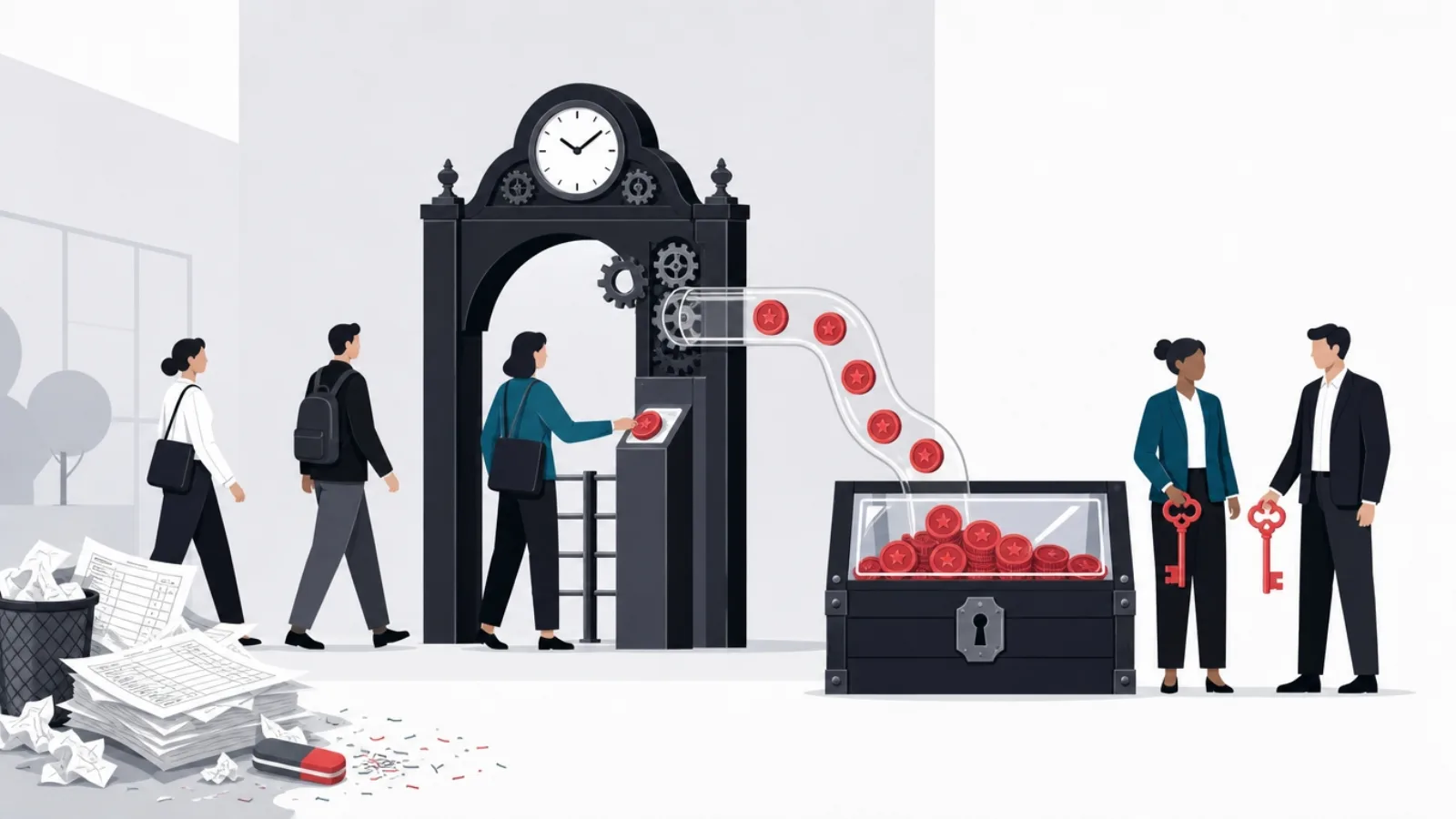 Workers tapping tokens at a clockwork gate that drops stamped coins into a payroll chest locked by two keys held by a clerk and a worker