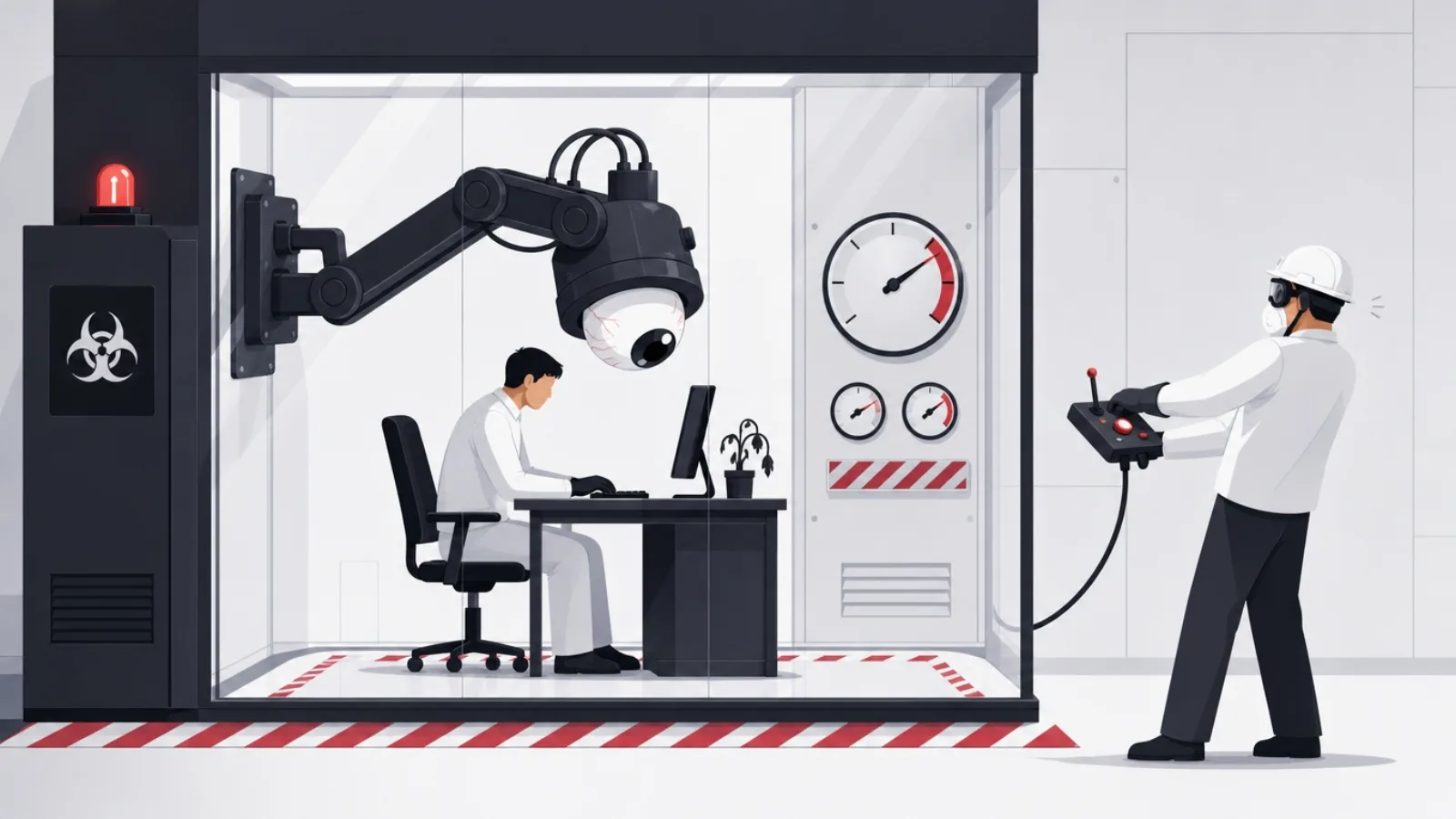 A worker's desk inside a glass containment chamber under a craned eye instrument, gauges near a danger zone, a hesitant manager in protective gear outside