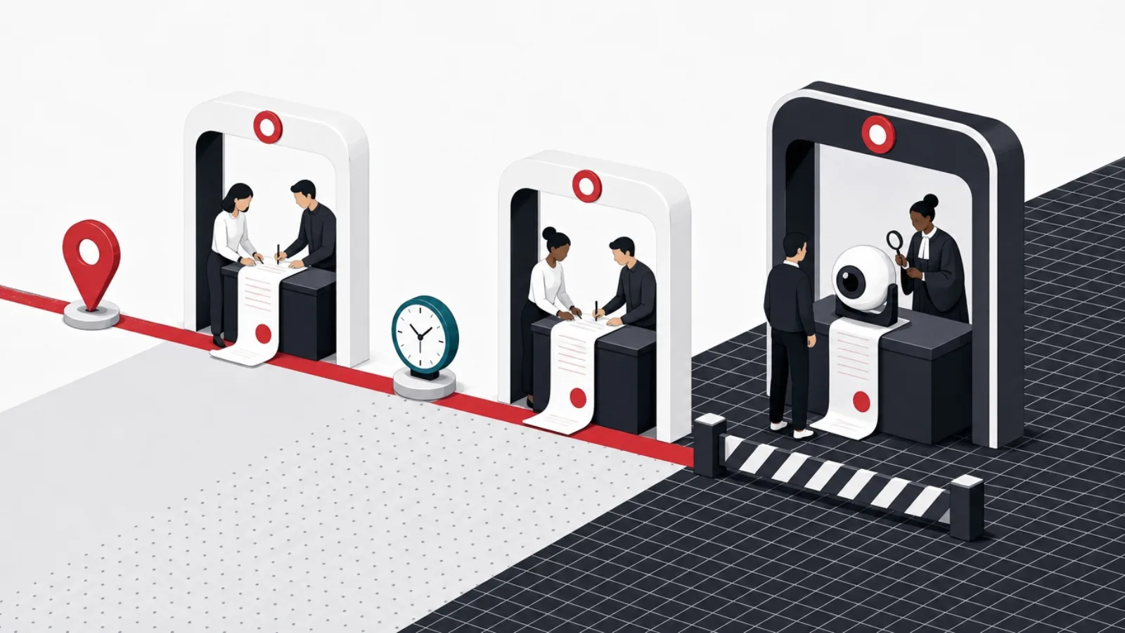 A painted consent line with gates where employer and worker co-sign scrolls, a map pin passing easily while an eye instrument faces a magistrate