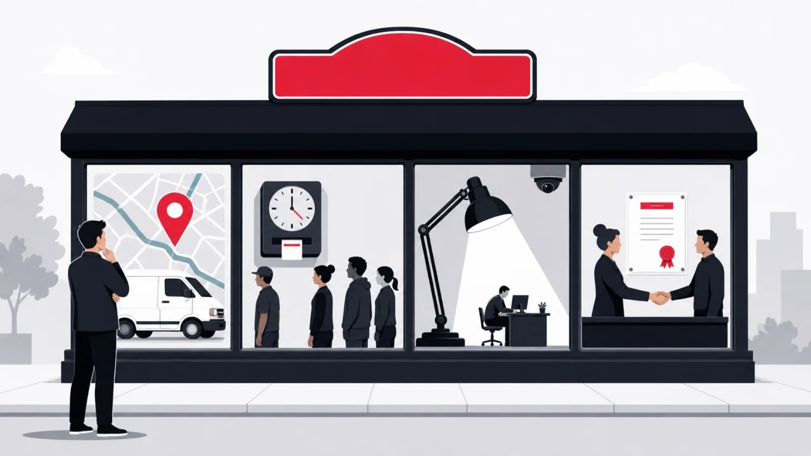 One storefront sign over four shop windows showing a map pin over a van, a punch clock, a glaring desk lamp and a handshake beneath a charter