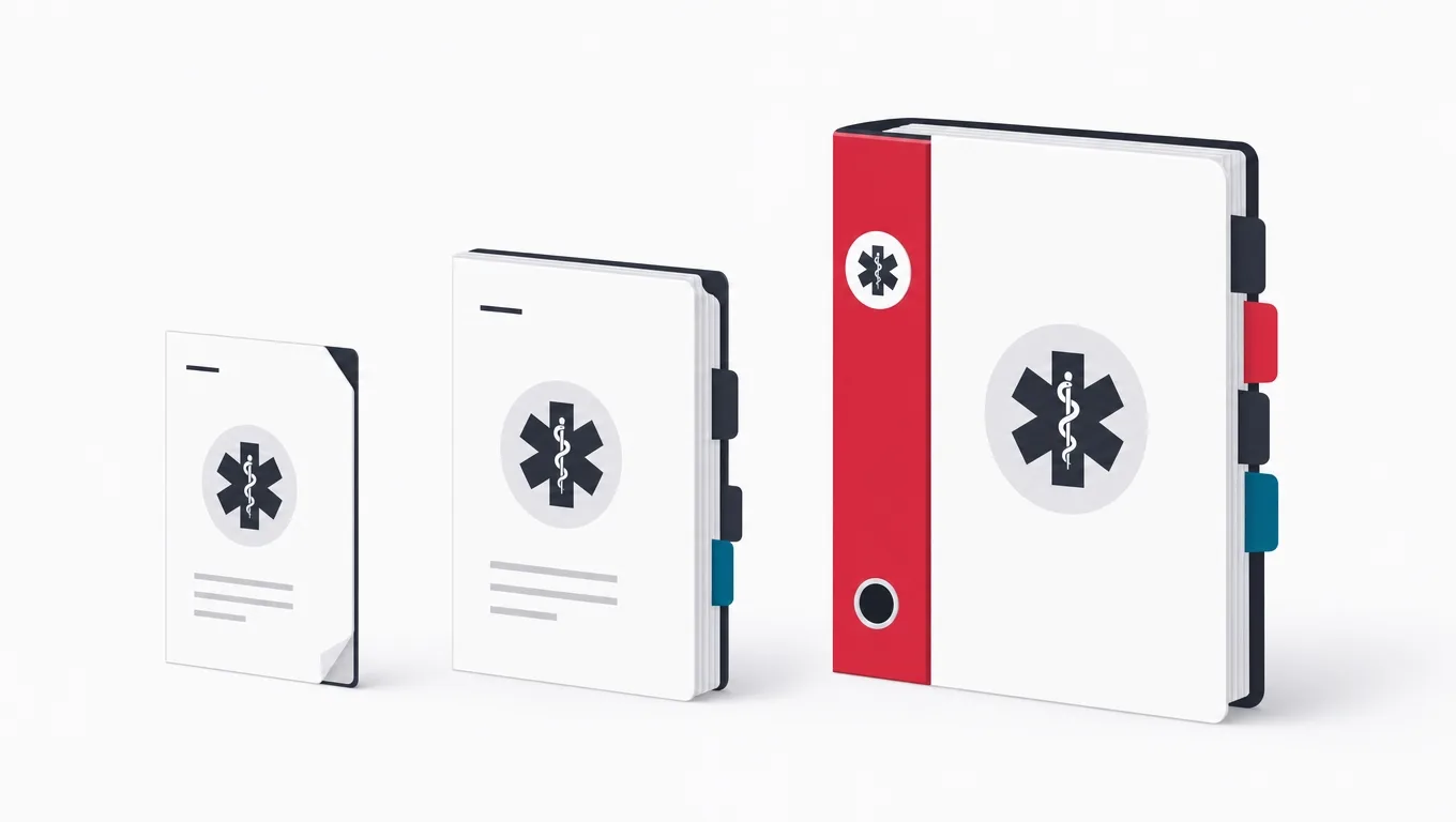 Three record folders of increasing scope, one clinic-bound, one bridging buildings, one beside a medicine cabinet
