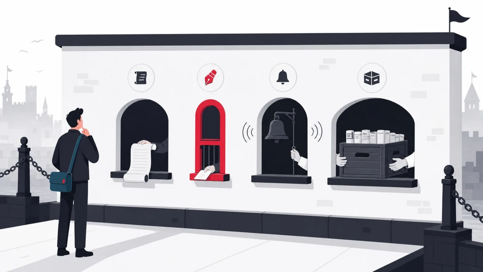 Four gatehouse service windows, one issuing scrolls, one accepting entries through a guarded slot, one ringing a bell, one exchanging freight crates