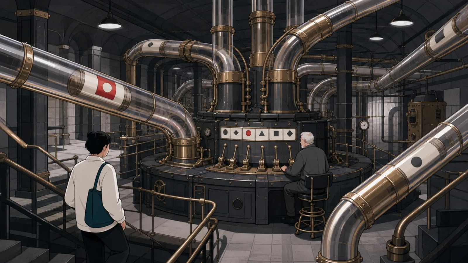 A living basement pneumatic tube network routing capsules through a central sorting engine run by an experienced operator