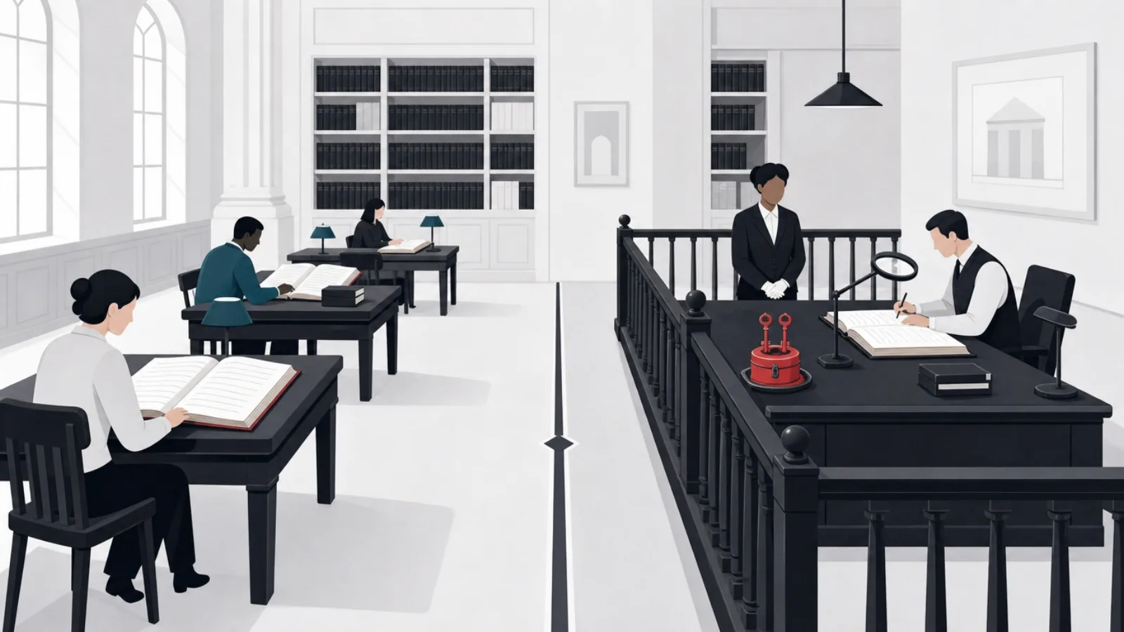 A library split by a floor line, free reading desks on one side and a railed single writing desk with witness clerk and two-key inkwell on the other