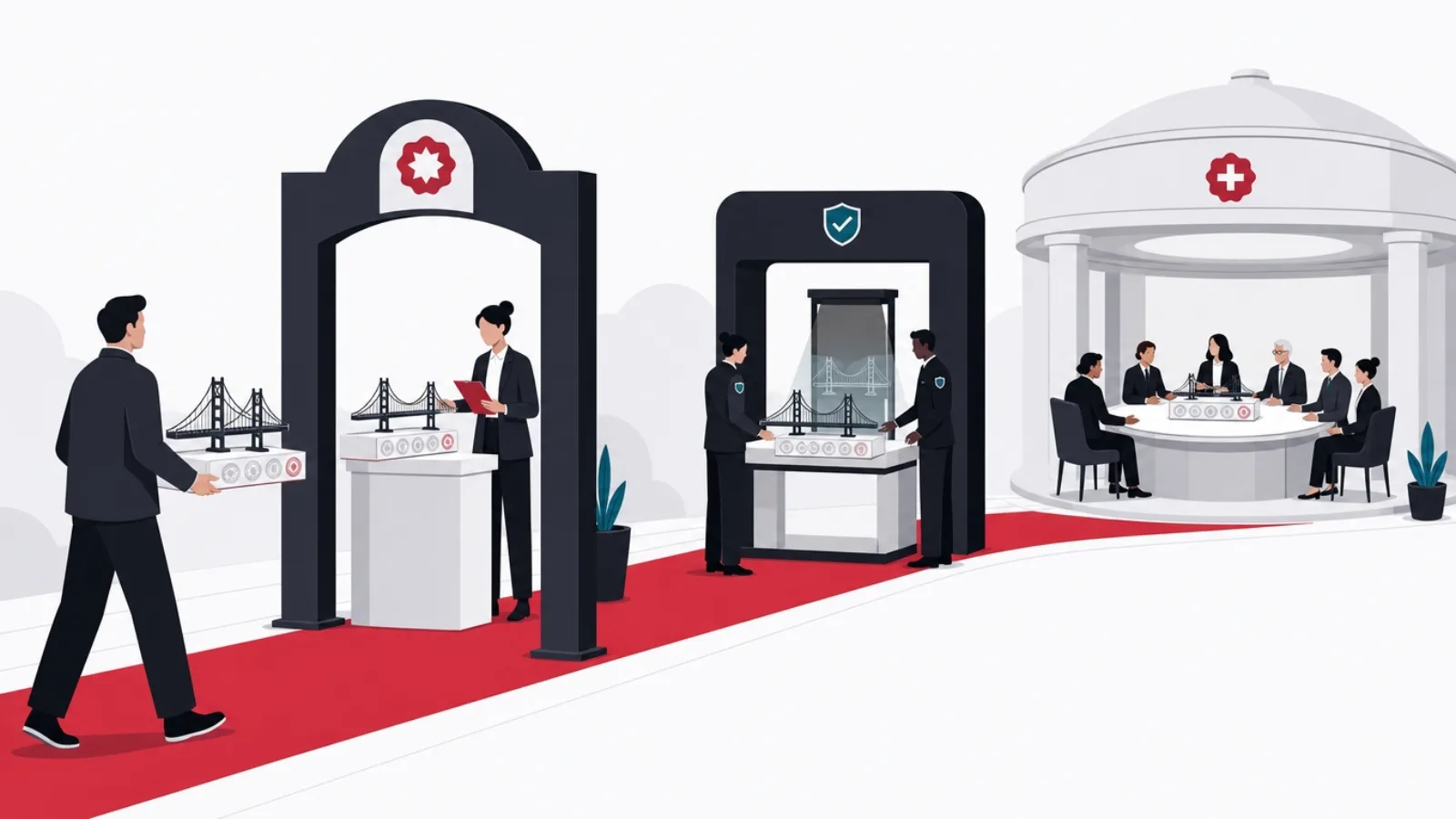 A builder carrying a bridge model through successive gates, a curator's arch, an x-ray security gate and a committee rotunda, seals accumulating