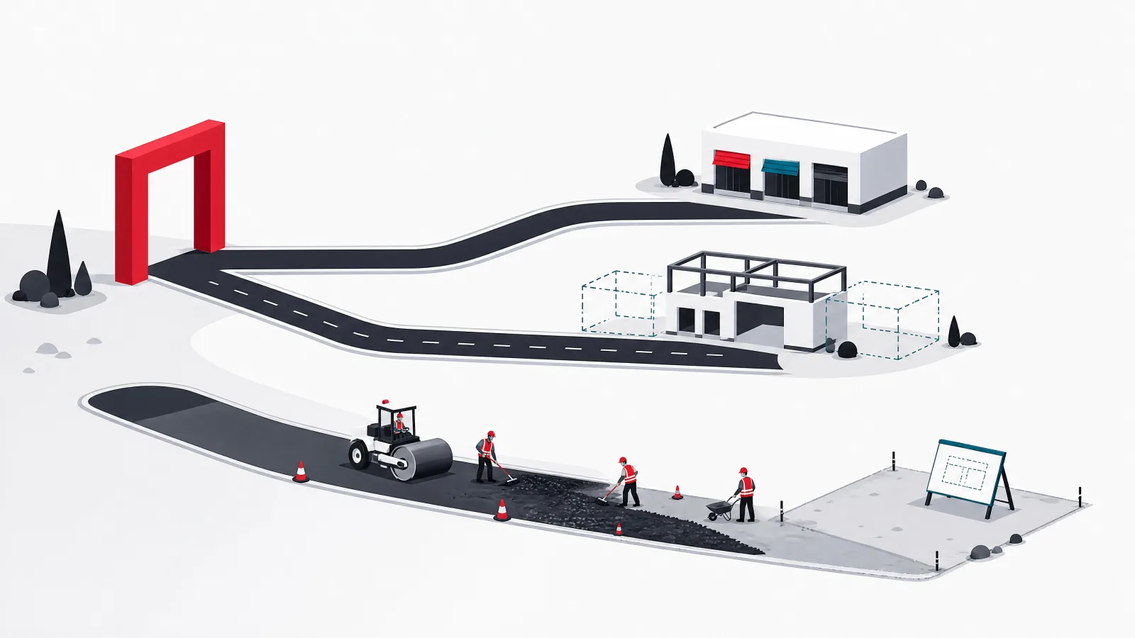 Three roads from one gate, a short paved road to a finished building, a medium road to a building with open wing frames, and a long unfinished road to an empty lot with a blueprint stand