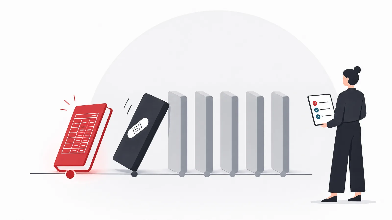 A row of dominoes on a timeline, a ledger-book domino tipped first, a bandaged domino mid-fall, and the rest standing in a row