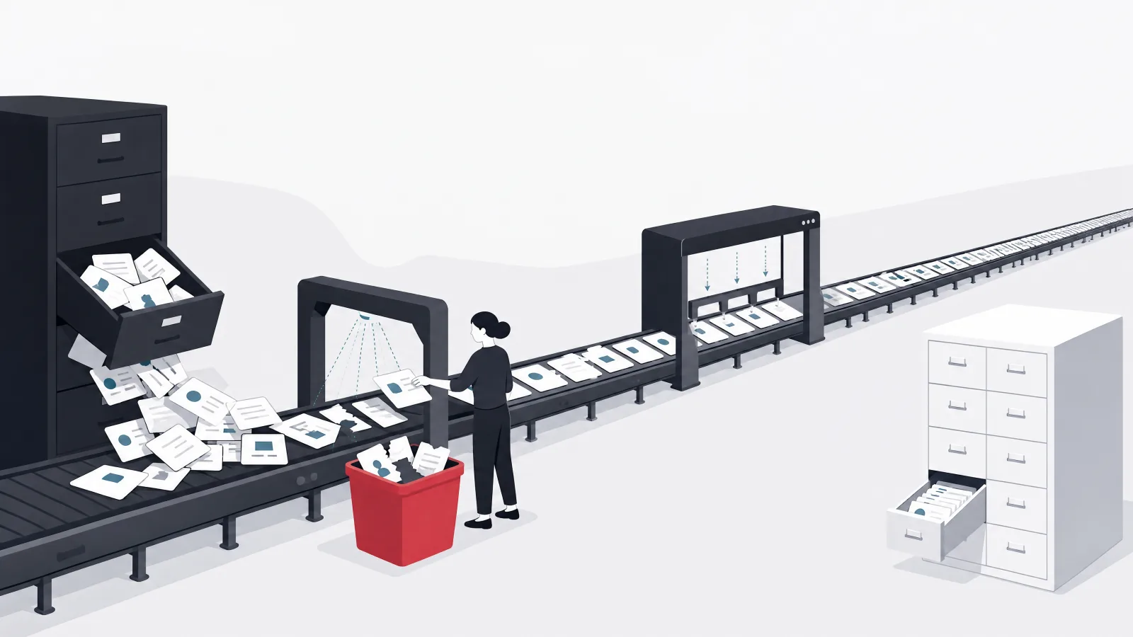 An old cabinet emptying onto a long conveyor through a cleaning station and a mapping frame into a new cabinet, with a figure discarding damaged cards