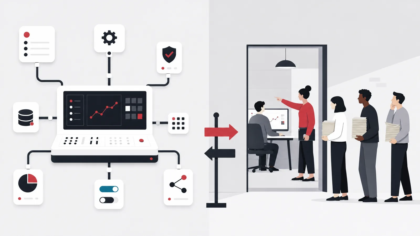 A console connected by pipes to other systems beside a doorway where a trainer guides one worker while others hesitate holding paper folders