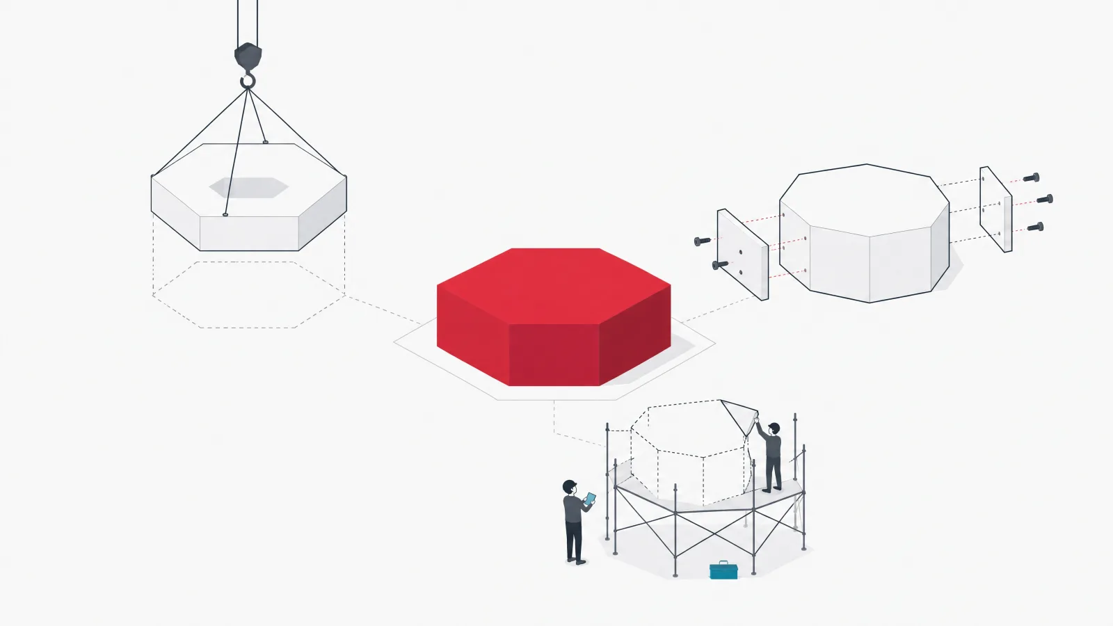 A hexagonal core block with faint outlines of a shell being lowered over it, modules bolted to it, and a scaffold beside it