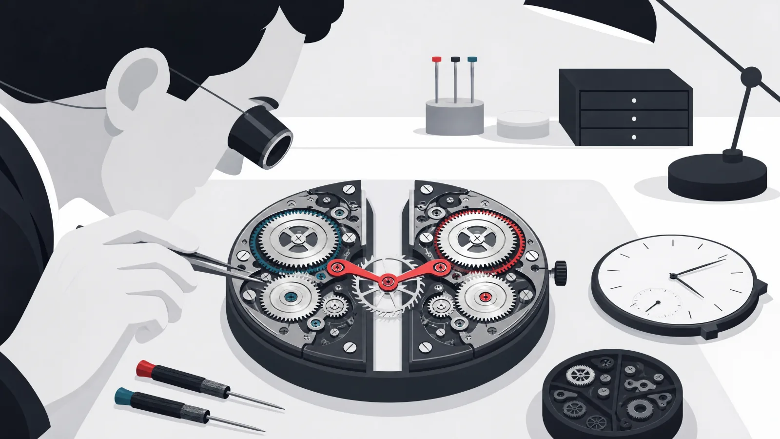 A watchmaker focusing on mirrored debit and credit gear trains linked by an escapement while the pretty watch face lies aside