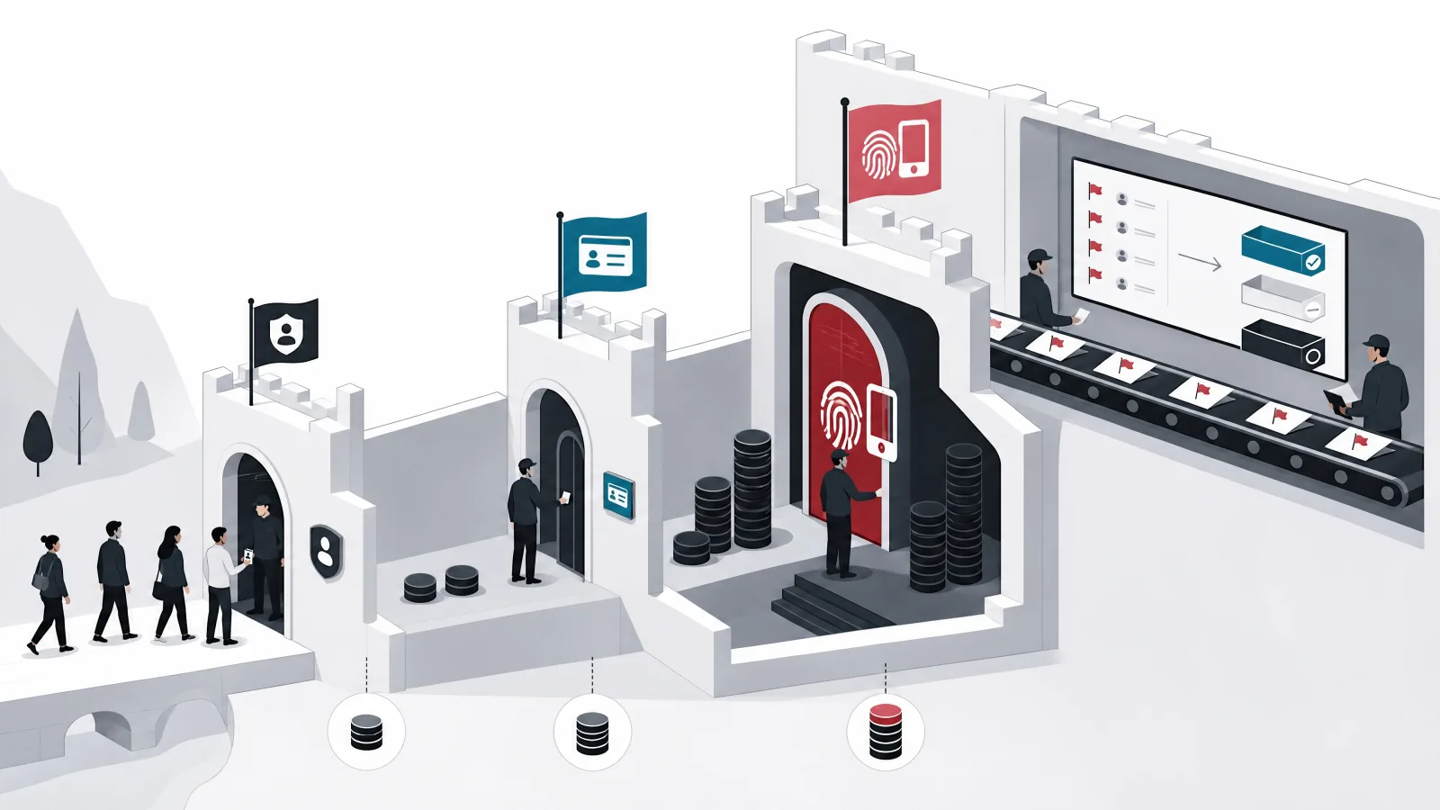 A tiered fortress with badge, ID and fingerprint gates opening progressively larger coin halls beside a worked fraud watch room
