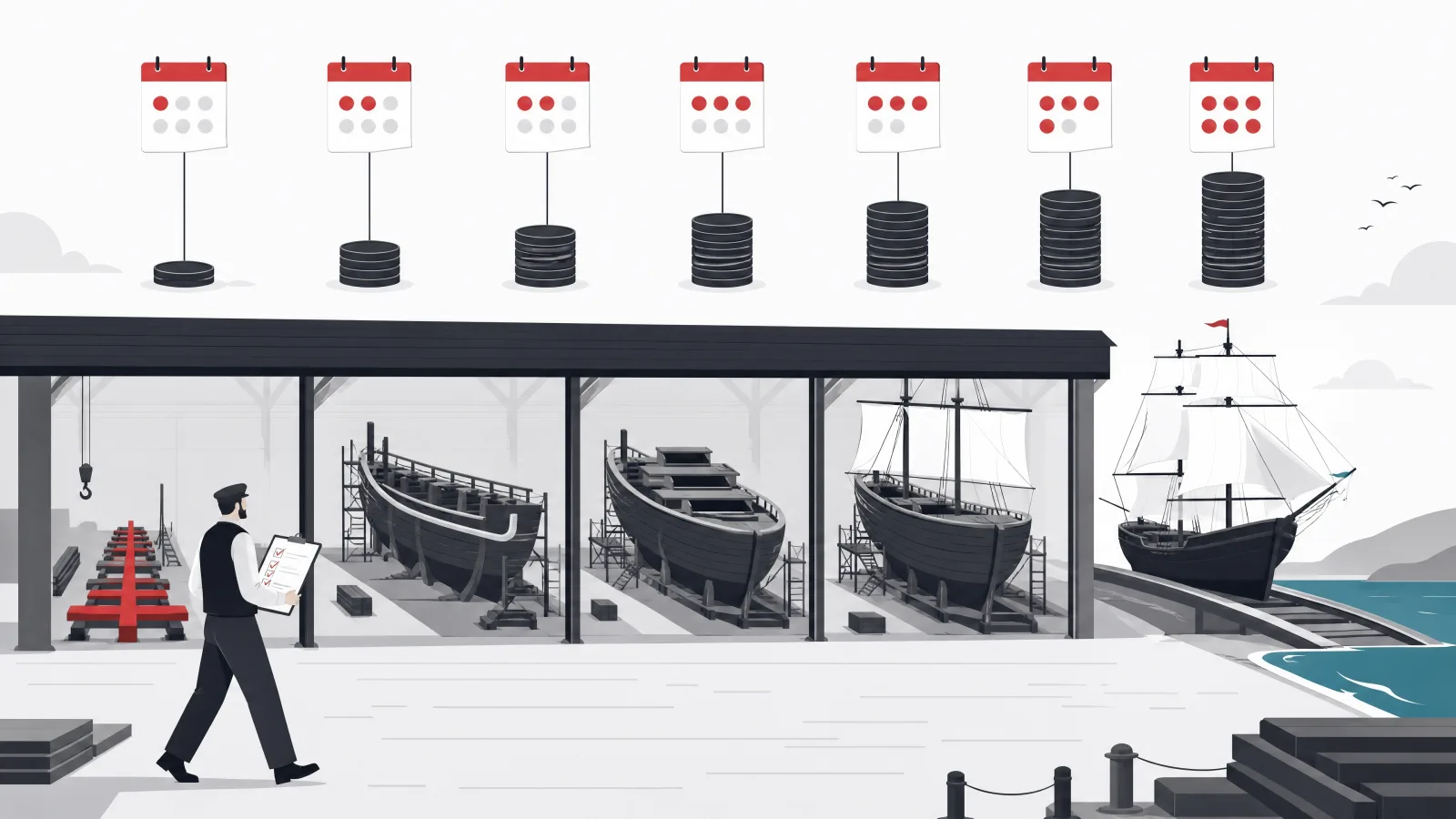 A shipyard building one vessel through keel, hull, gate and rigging bays each tagged with coin tallies and calendar flags
