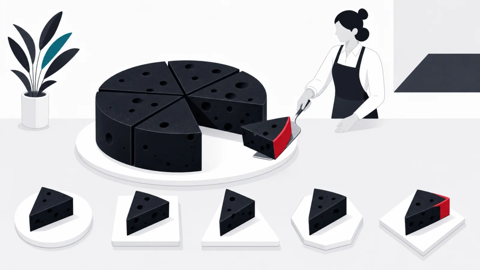 A large cheese wheel sliced into five wedges served onto differently shaped plates