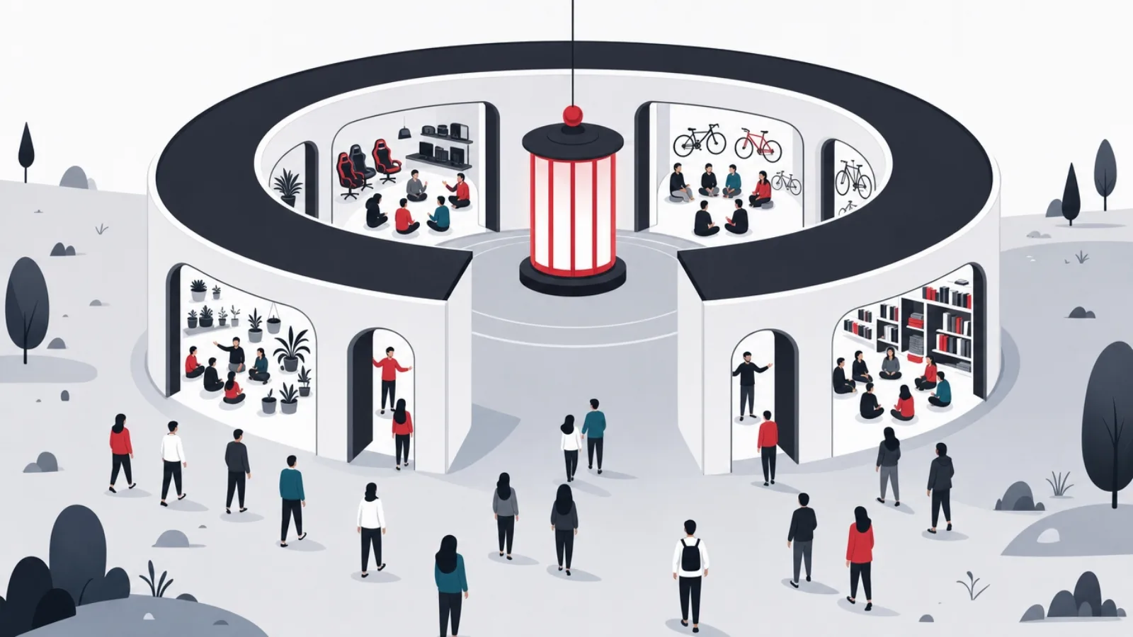 Cutaway of a round hall with themed rooms where figures join seated circles of members